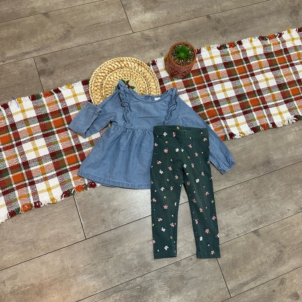 Carter’s 2T Toddler Girl Chambray Blouse & Floral Leggings Outfit Set - Picture 6 of 13